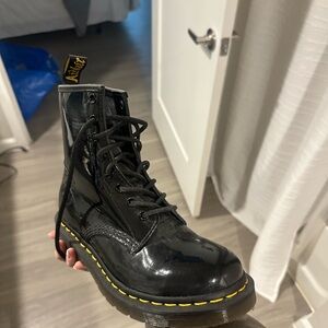 Dr. Martens Shiny Black Boots with Yellow Stitching